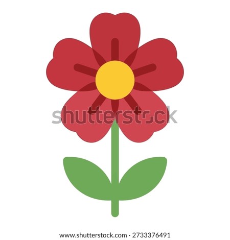 A charming, simple red flower with a bright yellow center and green stem and leaves, featuring subtle transparency effects, depicted in a flat, cheerful style on a clean white background, symbolizing joy.