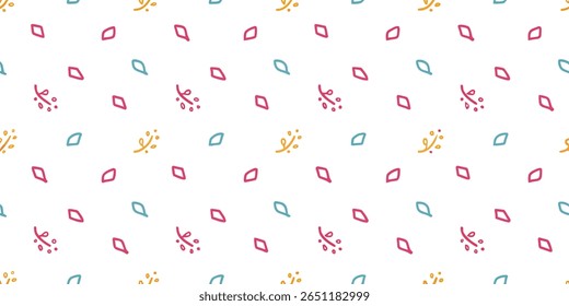 A charming and simple seamless pattern with a repeating arrangement of stylized leaf-like shapes and diamond outlines in soft pink, teal, and yellow.