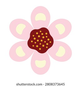 A charming and simple stylized flower icon featuring soft pink petals with creamy white accents and a deep red center filled with tiny yellow pollen dots isolated.