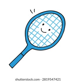 A charming and simple vector illustration of a blue tennis racket featuring a friendly smiling face on the strings isolated on a white background.