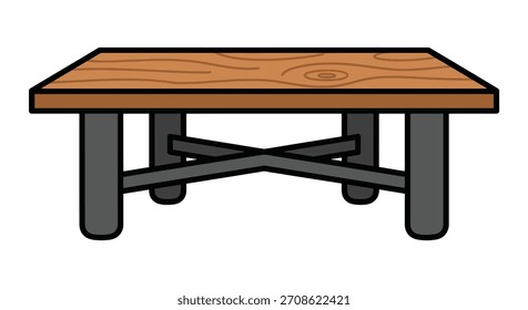 A charming, simple vector illustration depicting a classic wooden coffee table with a rich brown top and dark supporting legs, perfect for interior design concepts.