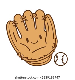A charming and simple vector illustration featuring a happy smiling baseball glove character with a baseball next to it, perfect for sports-themed designs.