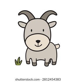 A charming and simple vector illustration of a friendly little goat with small horns standing on grass isolated on a white background