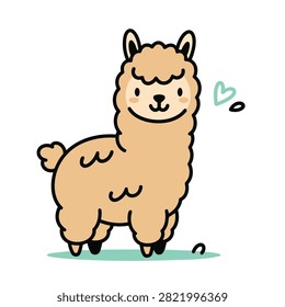 A charming and simple vector illustration of a friendly fluffy llama standing with a small heart symbol, designed in a playful hand-drawn style.