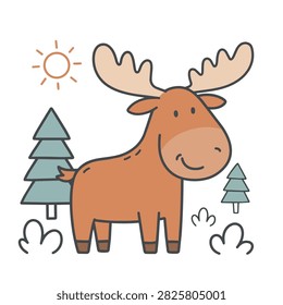 A charming and simple vector illustration of a friendly brown moose with large antlers smiling in a whimsical hand-drawn style