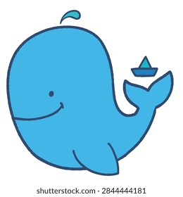 A charming and simple vector illustration of a friendly blue whale featuring a tiny paper boat balanced on its tail fin in a minimalist doodle style