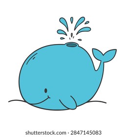 A charming and simple vector illustration of a friendly blue whale with a smiling face and a fountain of water spraying from its blowhole.