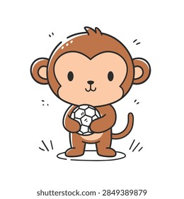 A charming and simple vector illustration of a friendly little brown monkey character standing and holding a black and white soccer ball in its hands.