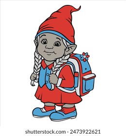 A charming and simple vector illustration of a gnome girl, ready for school.