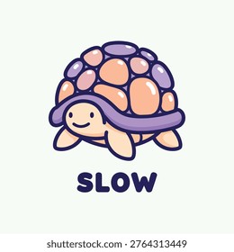 A charming and simple vector illustration of a happy little turtle with a purple shell and light orange skin featuring the word slow written below it.