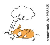 A charming and simple vector illustration of a small fawn sleeping curled up on the grass beneath a stylized tree