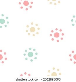 Charming simple vector pattern. Cute multi-colored circles of pastel shades, similar to the sun, on a universal white background. Neutral universal print, pattern or background