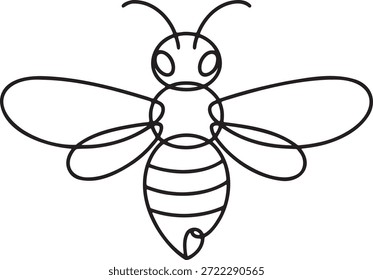 Encantadora ilustración de una sola línea que representa una abeja vista desde arriba que muestra las alas del cuerpo de la cabeza y las rayas en un estilo minimalista.