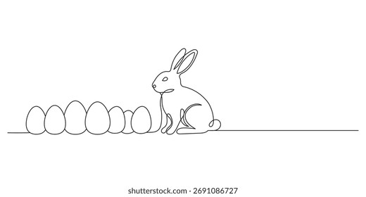 Eine charmante einzeilige Zeichnung zeigt einen süßen Osterhasen, der neben einer Reihe von Eiern sitzt, die alle mit einer durchgehenden, fließenden Linie auf sauberem, weißem Hintergrund gerendert sind.