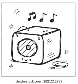 A charming sketch of a box shaped audio speaker with a smiling face, musical notes, and an auxiliary cable, drawn in a doodle style.