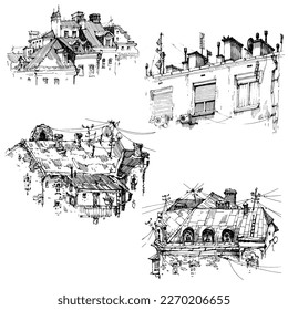 A charming sketch of the city's historic streets. Hand-drawn in black and white.