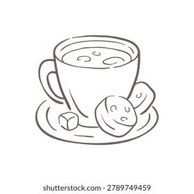 A charming sketch of a hot coffee cup served with two delicious cookies on the side. A warm and inviting hand drawn vector illustration perfect for cafe menus, snack time promotions, and cozy branding
