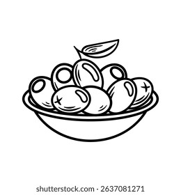 A charming sketch of a plate filled with olives, showcasing a variety of shapes. The illustration captures the essence of Mediterranean cuisine, evoking a sense of freshness and flavor.