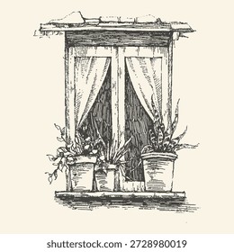 Un boceto encantador de una ventana con cortinas y plantas en macetas, evocando un toque vintage o rústico.