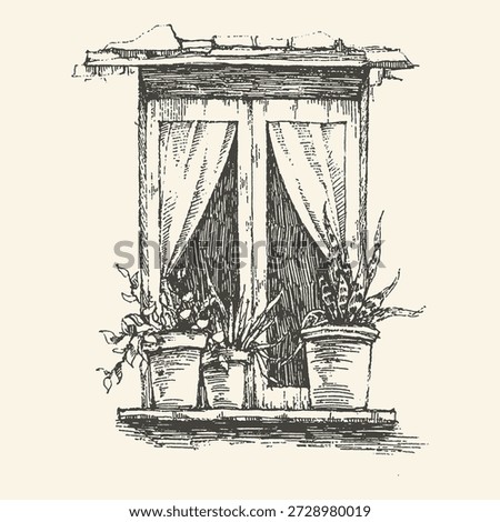 A charming sketch of a window with curtains and potted plants, evoking a vintage or rustic feel.