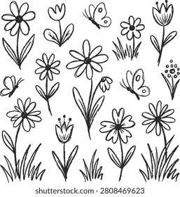 Charming sketched botanicals and lepidoptera create a delicate pattern ideal for greeting cards invitations or playful branding.