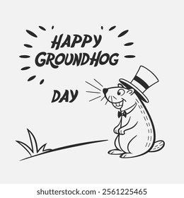 A charming sketch-style vector illustration of a groundhog sitting on a top hat, set against a white background, perfect for "Happy Groundhog Day" designs and festive projects.