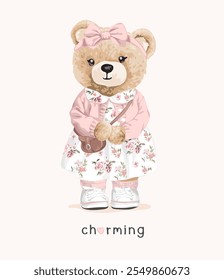 charming slogan with cute bear doll in sweet costume vector illustration