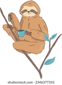 Charming Sloth and Coffee Vector Clipart: Adorable Hanging Sloth Illustration, Perfect for Adding a Touch of Cuteness to Your Designs