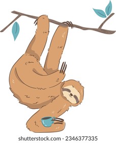 Charming Sloth and Coffee Vector Clipart: Adorable Hanging Sloth Illustration, Perfect for Adding a Touch of Cuteness to Your Designs