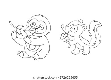 Charming Sloth and Skunk Outline Illustrations for Kids Coloring Pages, Interior Design, and Children's Book Projects