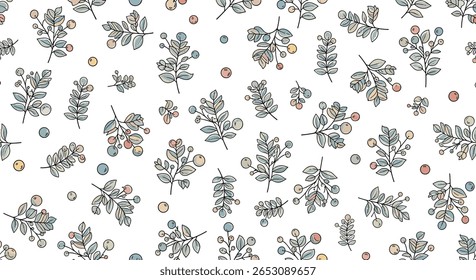 Charming Small Scale Botanical Floral Pattern With Delicate Leafy Sprigs And Dotted Accents On A White Background