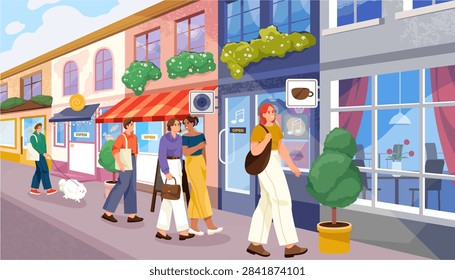 Charming small town street lined with shops, cafes and storefronts, signs and greenery. Pedestrians walking through neighborhood setting. Vector urban local business, community life and shopping