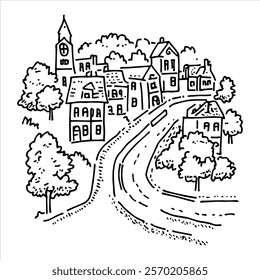 charming small village with winding road and church hand-drawn illustration