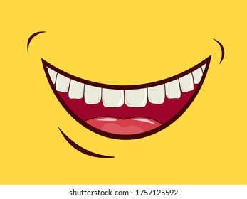 Charming Smile, Emotional Expression Of Feelings, Laughter, Joy, Happiness. Good Mood. Wide Open Mouth, Upper Jaw And Oral Cavity With Tongue And White Teeth On A Yellow Background. Vector Image.