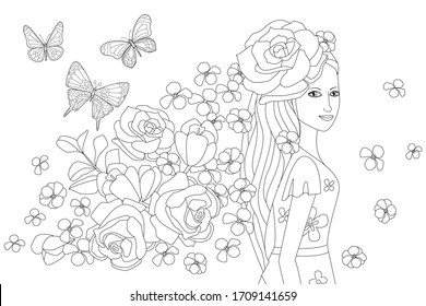 charming smiling girl with rose in her wavy long hair looking over her shoulder. nice lady with flowers and butterflies for your coloring book