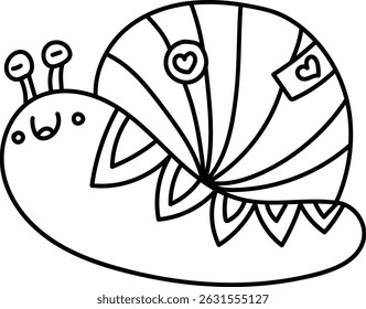 A charming snail is depicted in a bold, line-art style with decorative shell. This adorable mollusk carries messages of affection on its back. Cartoon vector illustration