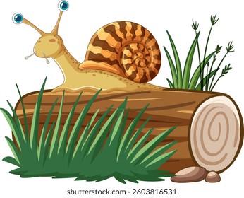 A charming snail with a patterned shell rests on a log surrounded by grass and plants