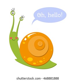 Charming snail says hello. Vector isolated on white background.