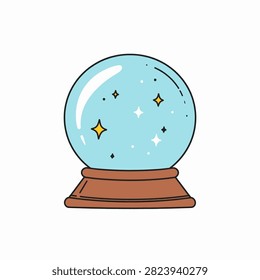 A charming snow globe featuring a clear glass sphere filled with stars, sparkles, and celestial elements, mounted on a wooden base.