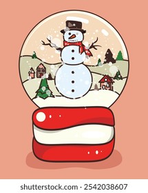 Charming snow globe illustration featuring a happy snowman with a red scarf and top hat, surrounded by a cozy winter village scene with snow-covered houses and trees.