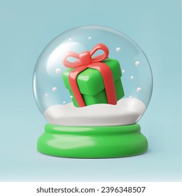 Charming snow globe with a vibrant green present tied with a red bow, nestled in a winter wonderland.