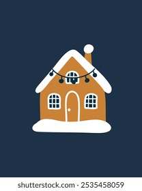 Charming snow-covered house with lights on the roof, vector illustration in childish style for holiday greeting cards