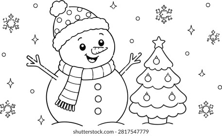 Charming snowman and christmas tree illustration with snowflakes on a white background