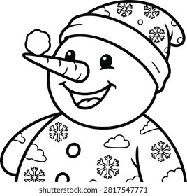 Charming snowman head illustration with winter hat and carrot nose on white background
