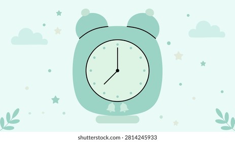 A charming, soft teal alarm clock illustration set against a pastel background with whimsical clouds, stars, and dots, evoking a sense of calm and gentle awakening.