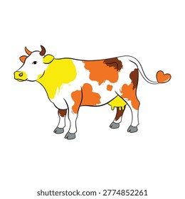 A charming spotted cow standing sideways, featuring a unique heart shaped tail tip. This playful and friendly farm animal design is perfect for dairy branding projects.