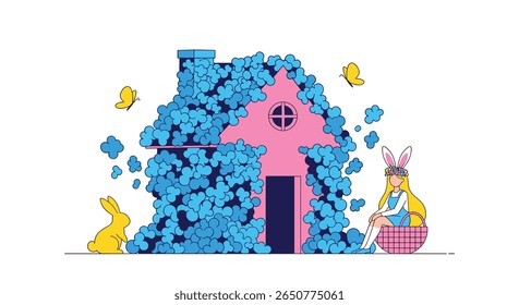 Charming spring cottage adorned with blooming blue flowers and playful yellow butterflies attracts a bunny and a girl
