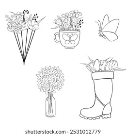 Charmante Frühlingsfloralelemente kombiniert mit einem herrlichen Schirm und Schmetterling. Vektorgrafik