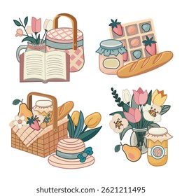 A charming spring picnic clipart collection in a hand-drawn vector style. 