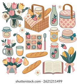 A charming spring picnic clipart collection in a hand-drawn vector style.